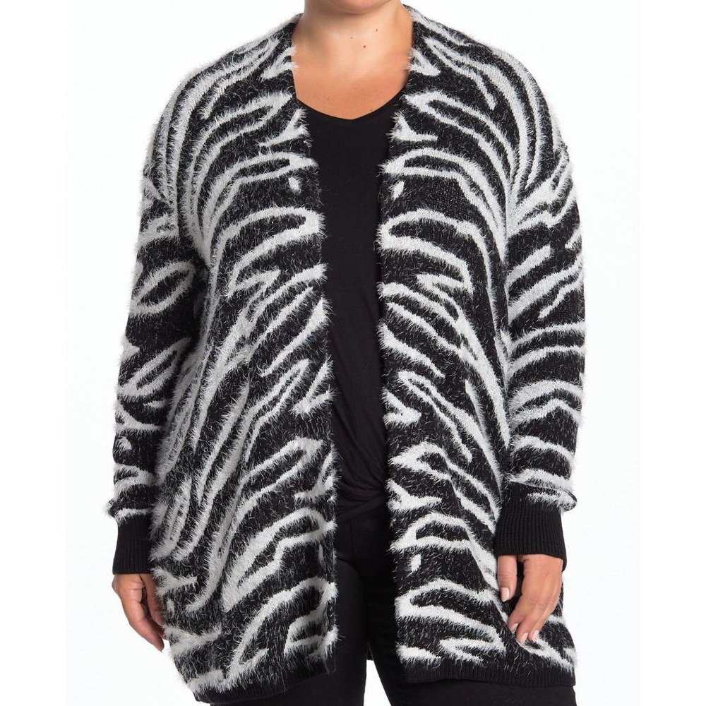 Plus Size 1X Zebra Print Eyelash Cardigan Cozy Open Front Sweater